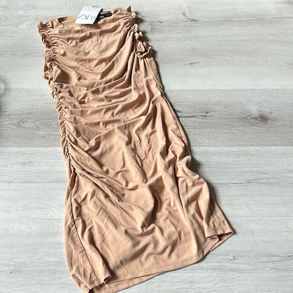 ZARA short ruffled dress size XS Beige NWT - Picture 6 of 8